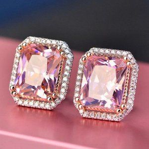 NEW Silver Radiant Cut Pink Sapphire Halo Earrings